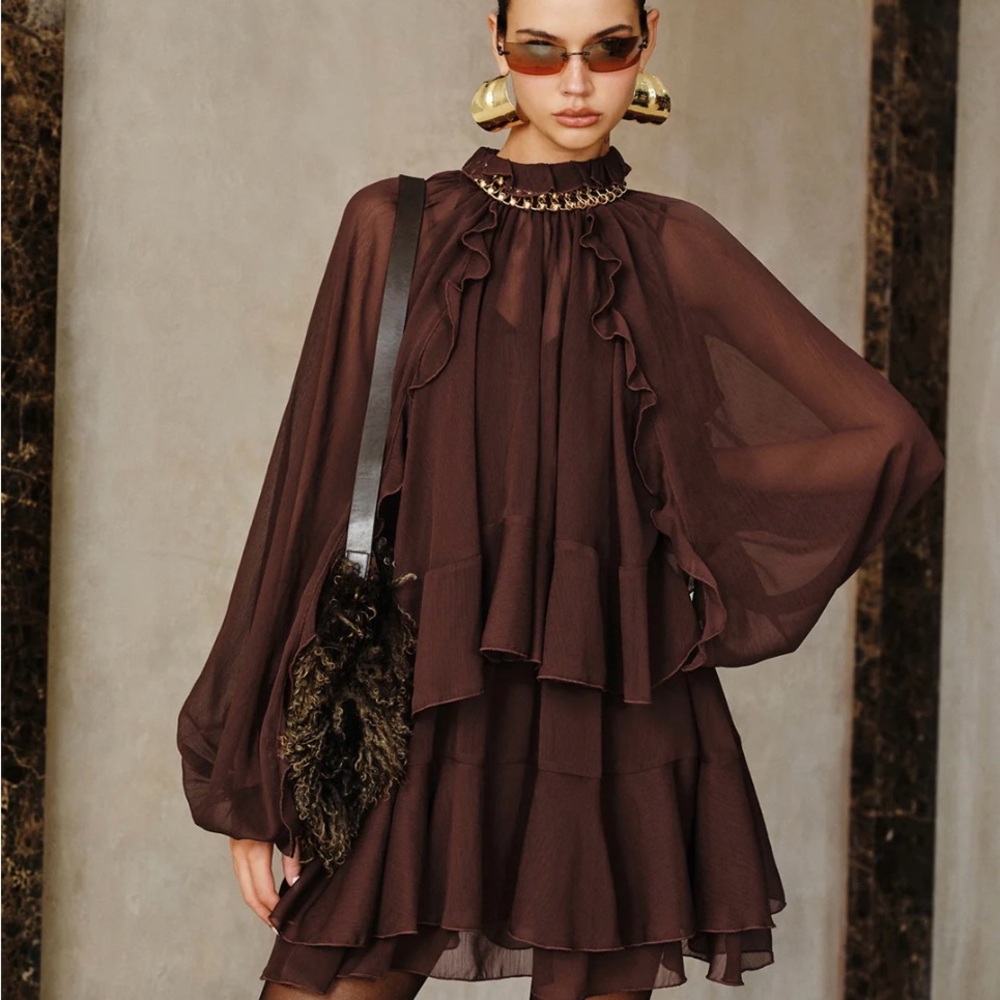 ❤️ Two Piece Elegant Brown Tiered Ruffled Chiffon Mini Dress Set with Liner - Picture 2 of 12